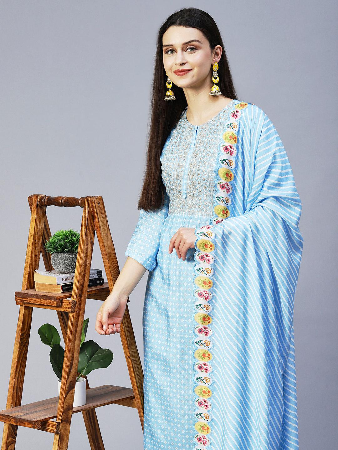 Bandhani Printed & Embroidered Kurta with Pant & Dupatta - Light Blue - Indiakreations