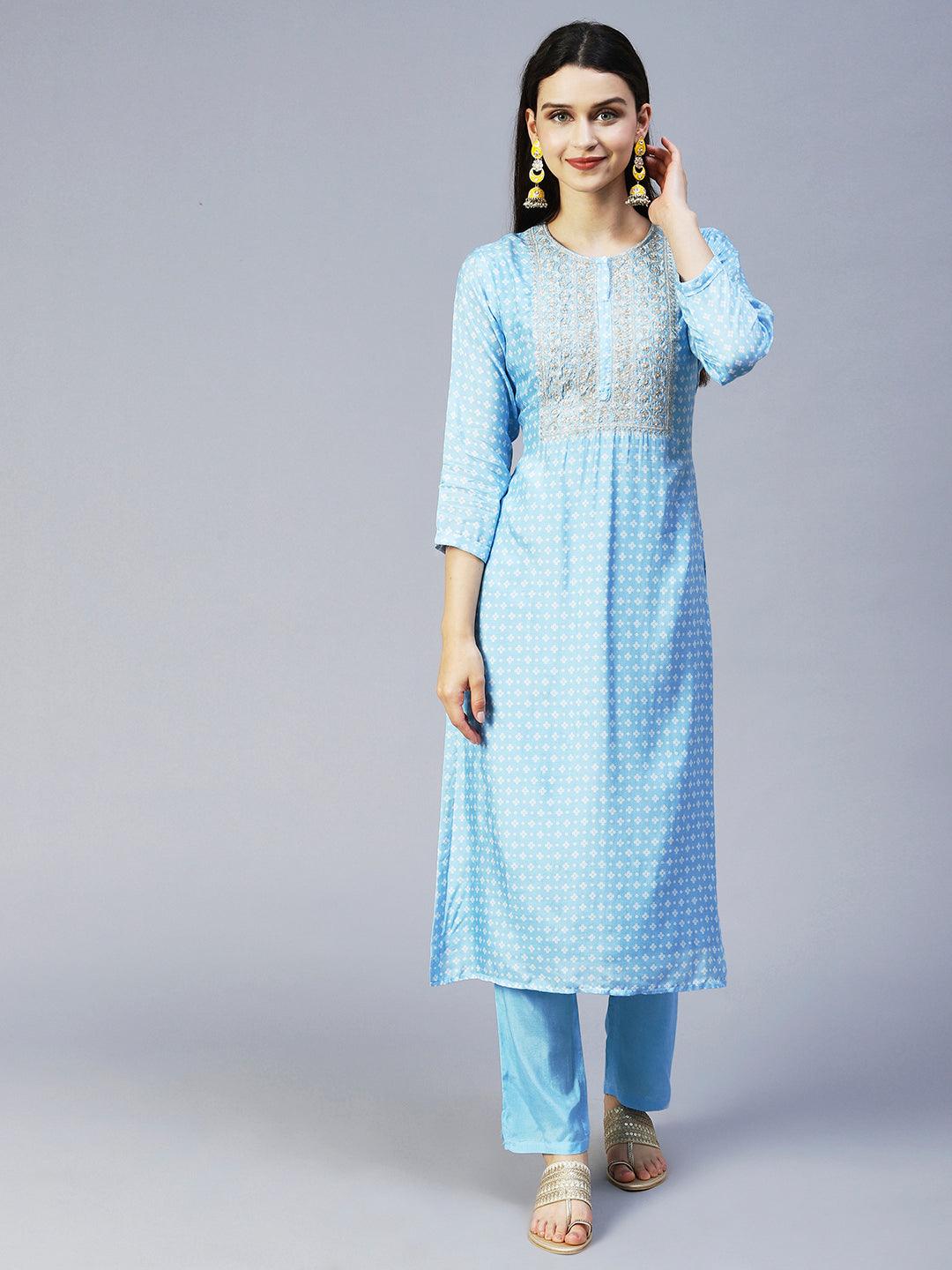 Bandhani Printed & Embroidered Kurta with Pant & Dupatta - Light Blue - Indiakreations