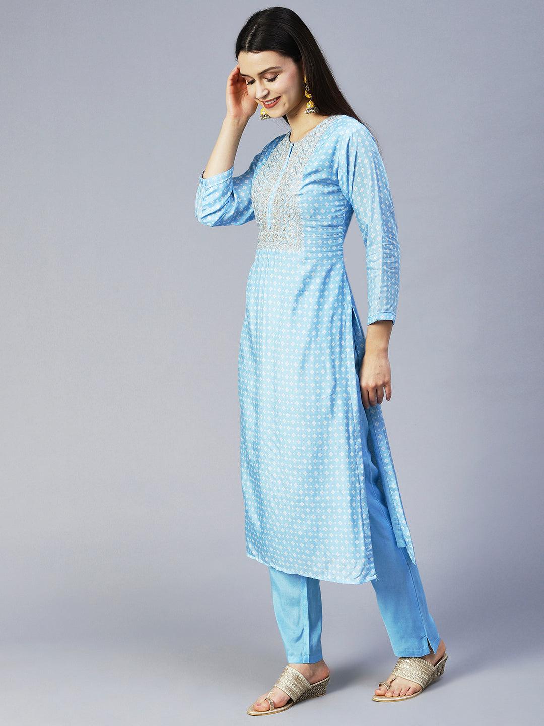 Bandhani Printed & Embroidered Kurta with Pant & Dupatta - Light Blue - Indiakreations