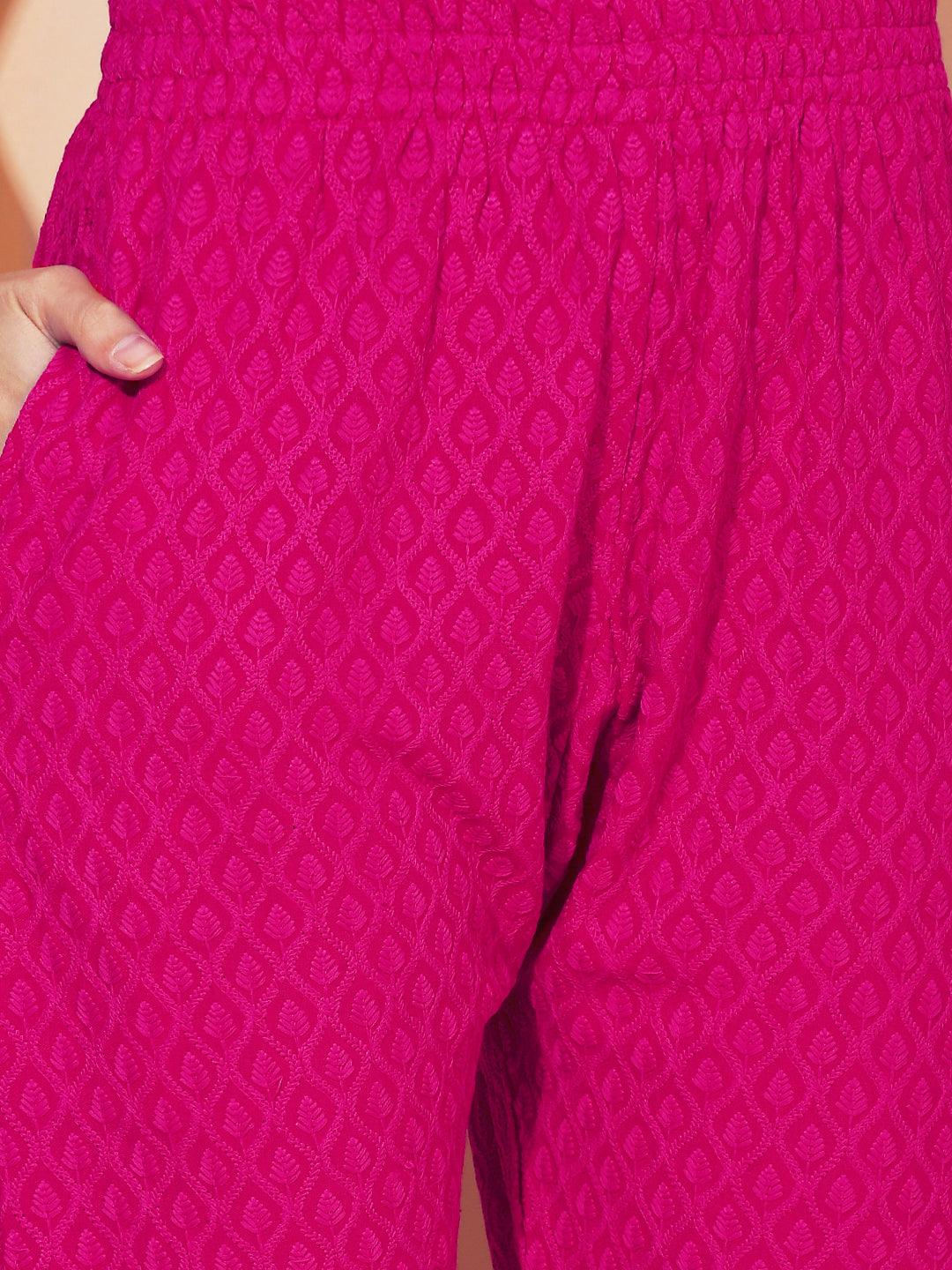 Solid Chikankari Embroidered Straight Fit Pant - Hot Pink - Indiakreations