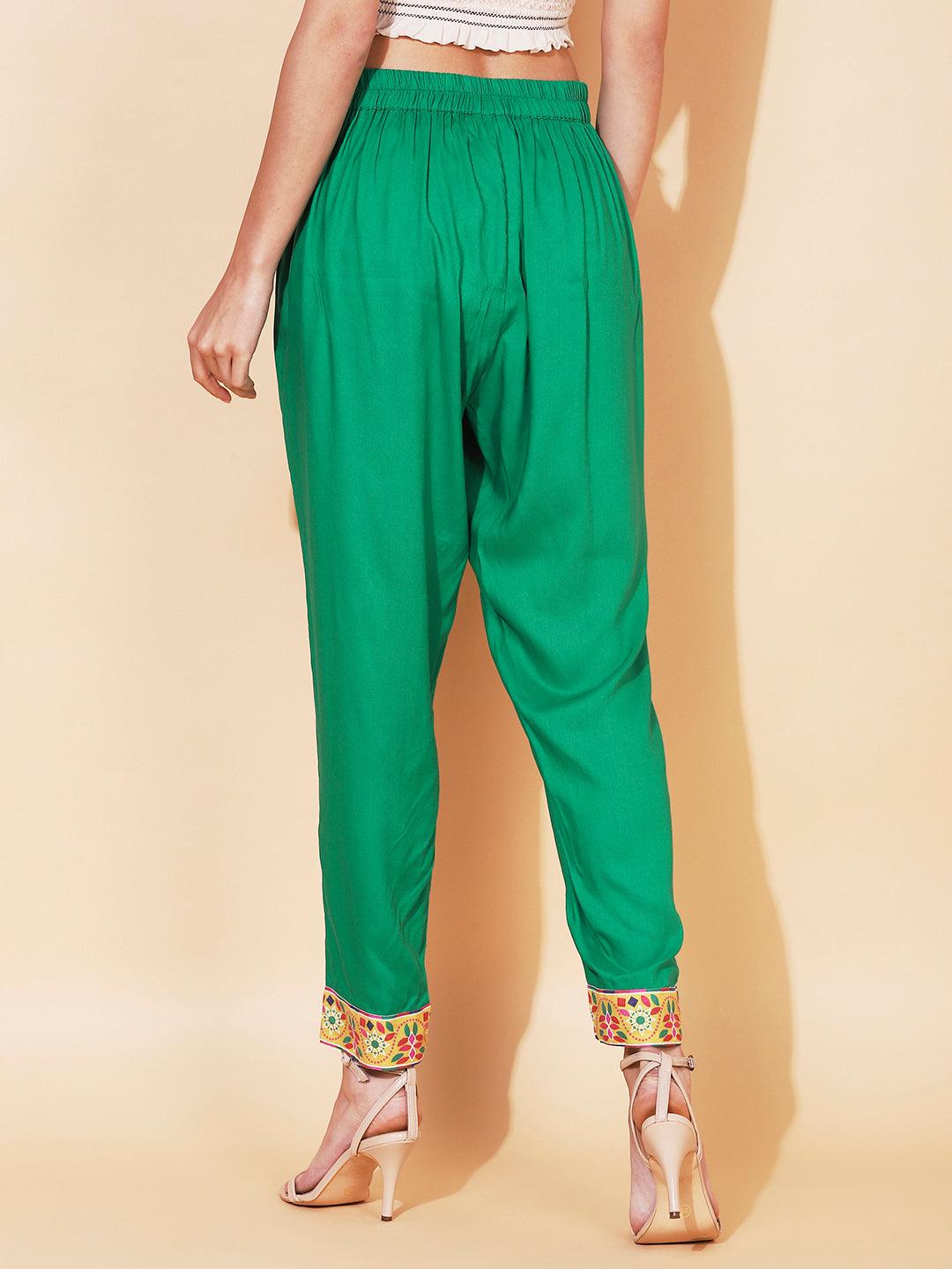 Solid Ethnic Printed Straight Fit Pant - Green - Indiakreations