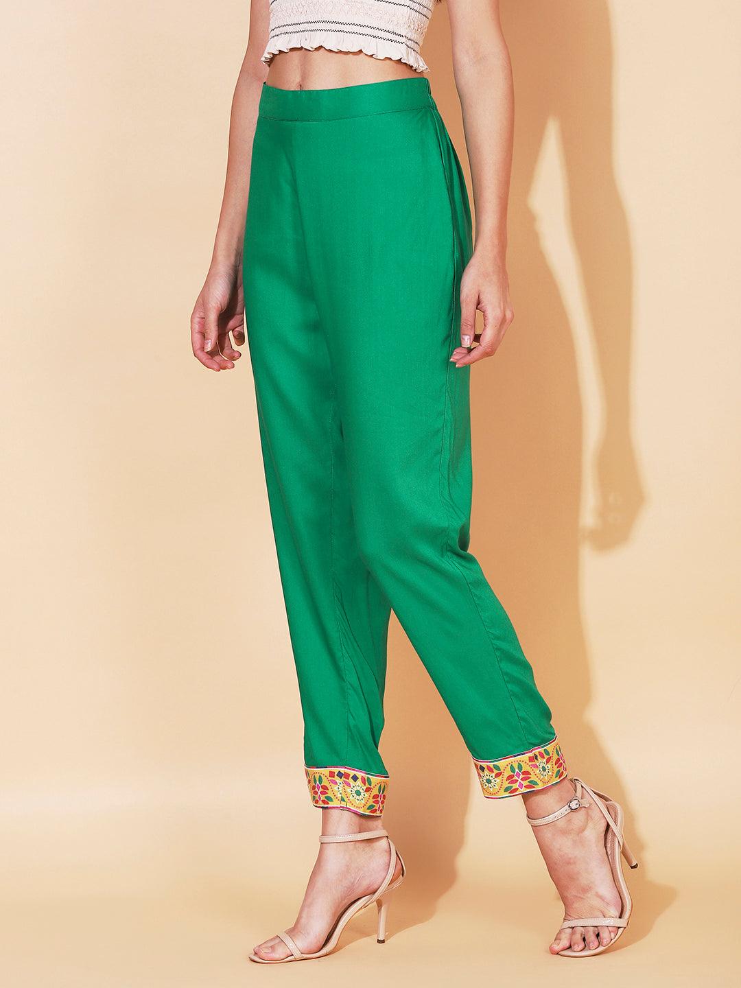 Solid Ethnic Printed Straight Fit Pant - Green - Indiakreations