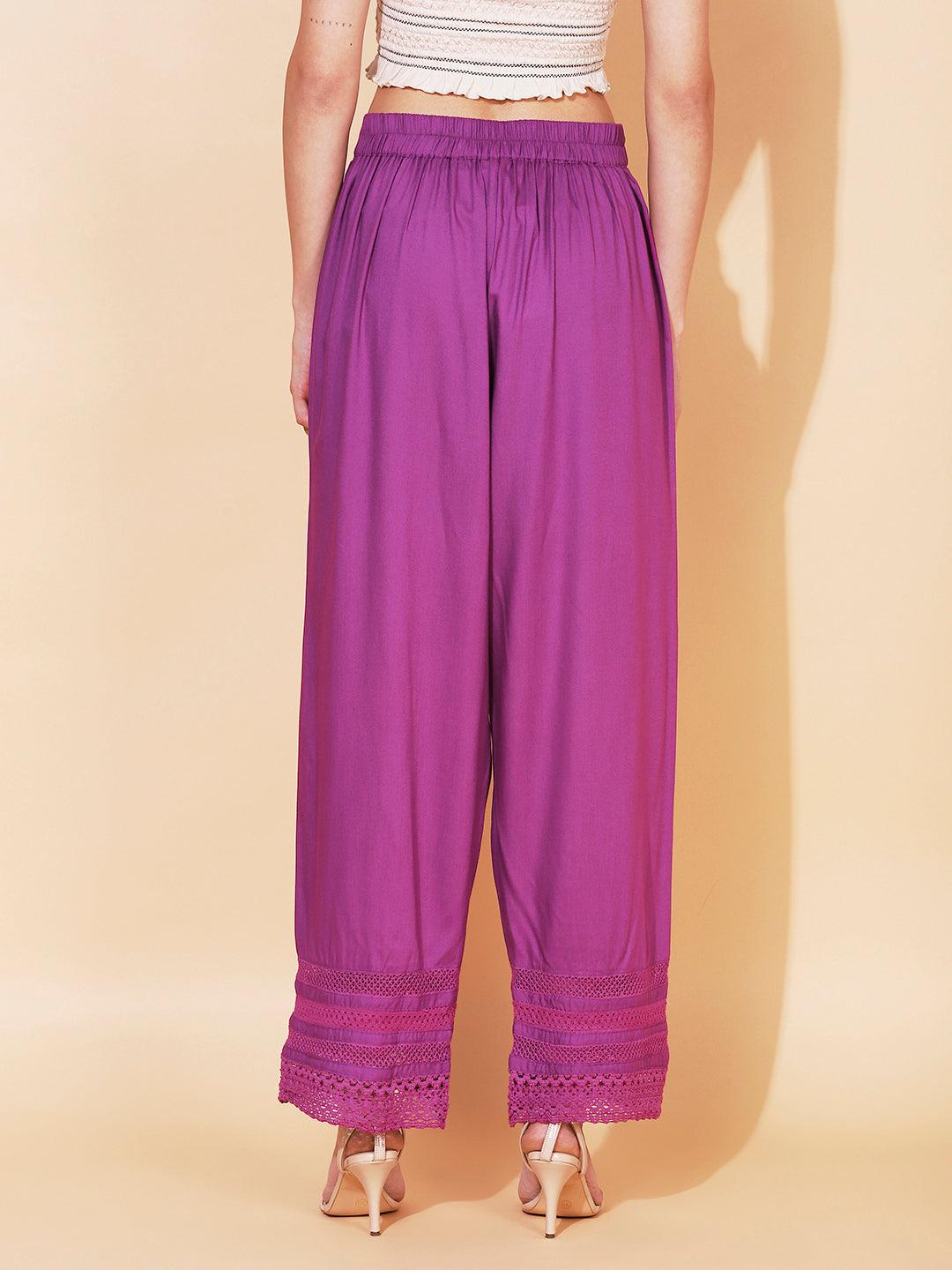 Solid Ethnic Embroidered Straight Fit Pant - Purple - Indiakreations