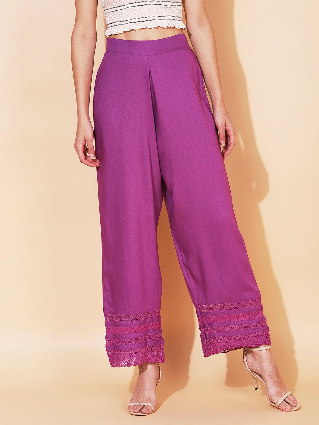 Solid Ethnic Embroidered Straight Fit Pant - Purple - Indiakreations