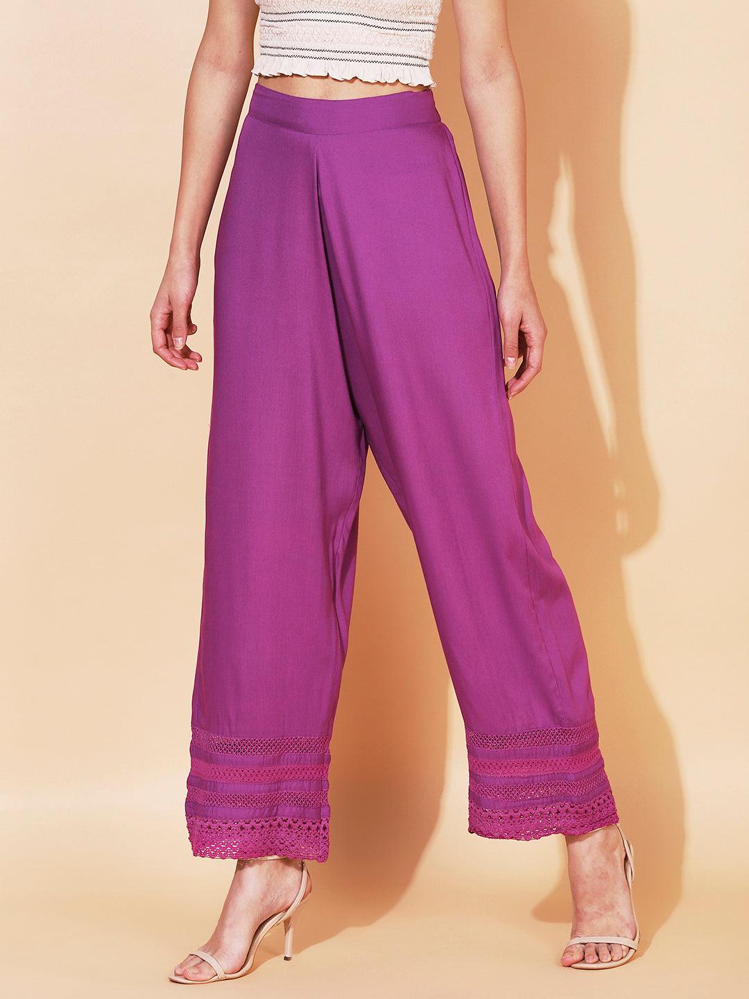 Solid Ethnic Embroidered Straight Fit Pant - Purple - Indiakreations