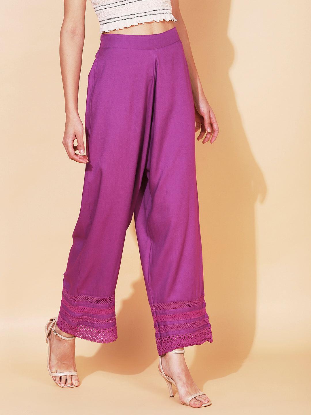 Solid Ethnic Embroidered Straight Fit Pant - Purple - Indiakreations