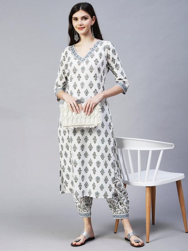 Ethnic Printed & Embroidered Straight Kurta with Pant - Off White - Indiakreations