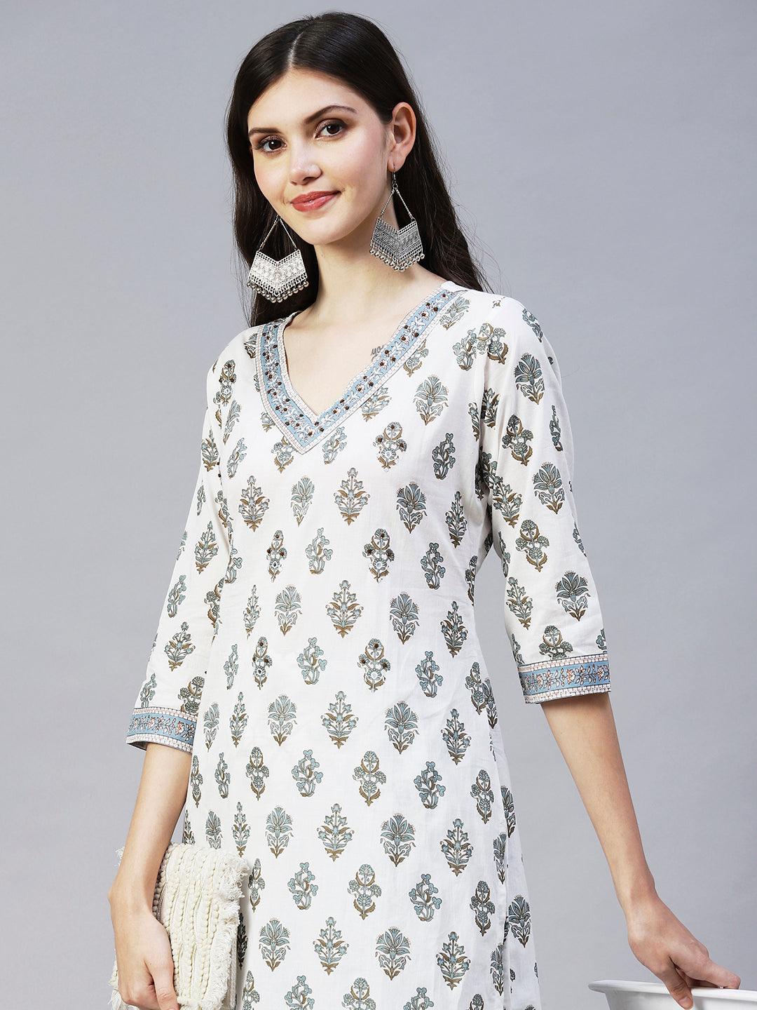 Ethnic Printed & Embroidered Straight Kurta with Pant - Off White - Indiakreations