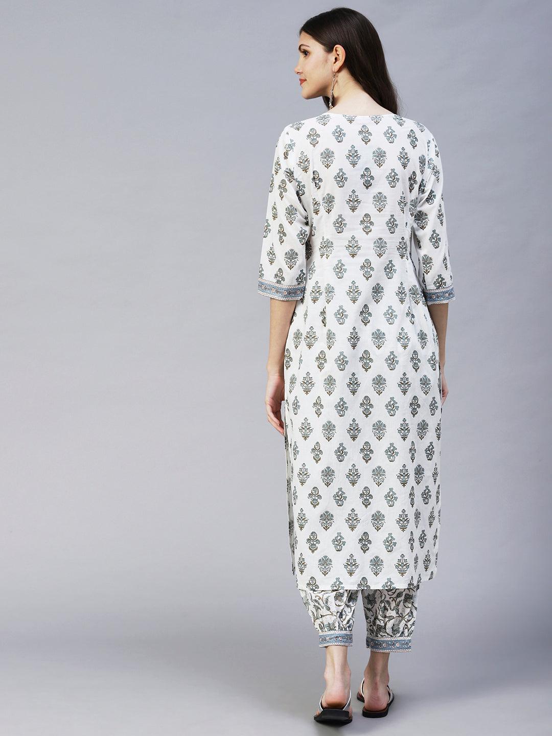 Ethnic Printed & Embroidered Straight Kurta with Pant - Off White - Indiakreations