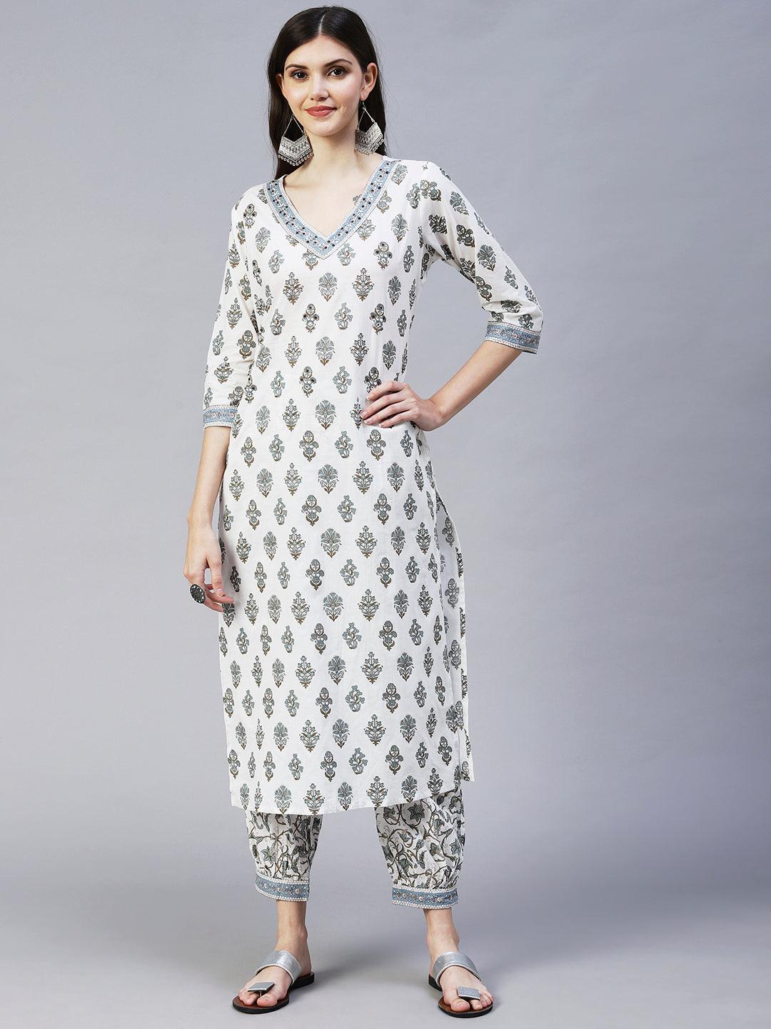 Ethnic Printed & Embroidered Straight Kurta with Pant - Off White - Indiakreations