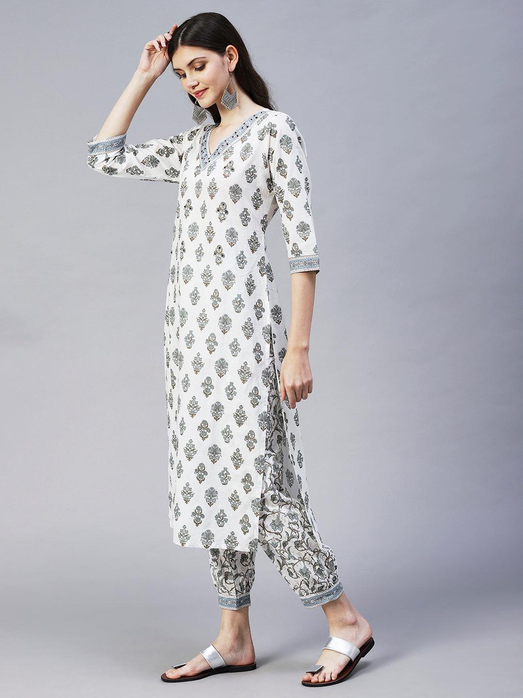 Ethnic Printed & Embroidered Straight Kurta with Pant - Off White - Indiakreations