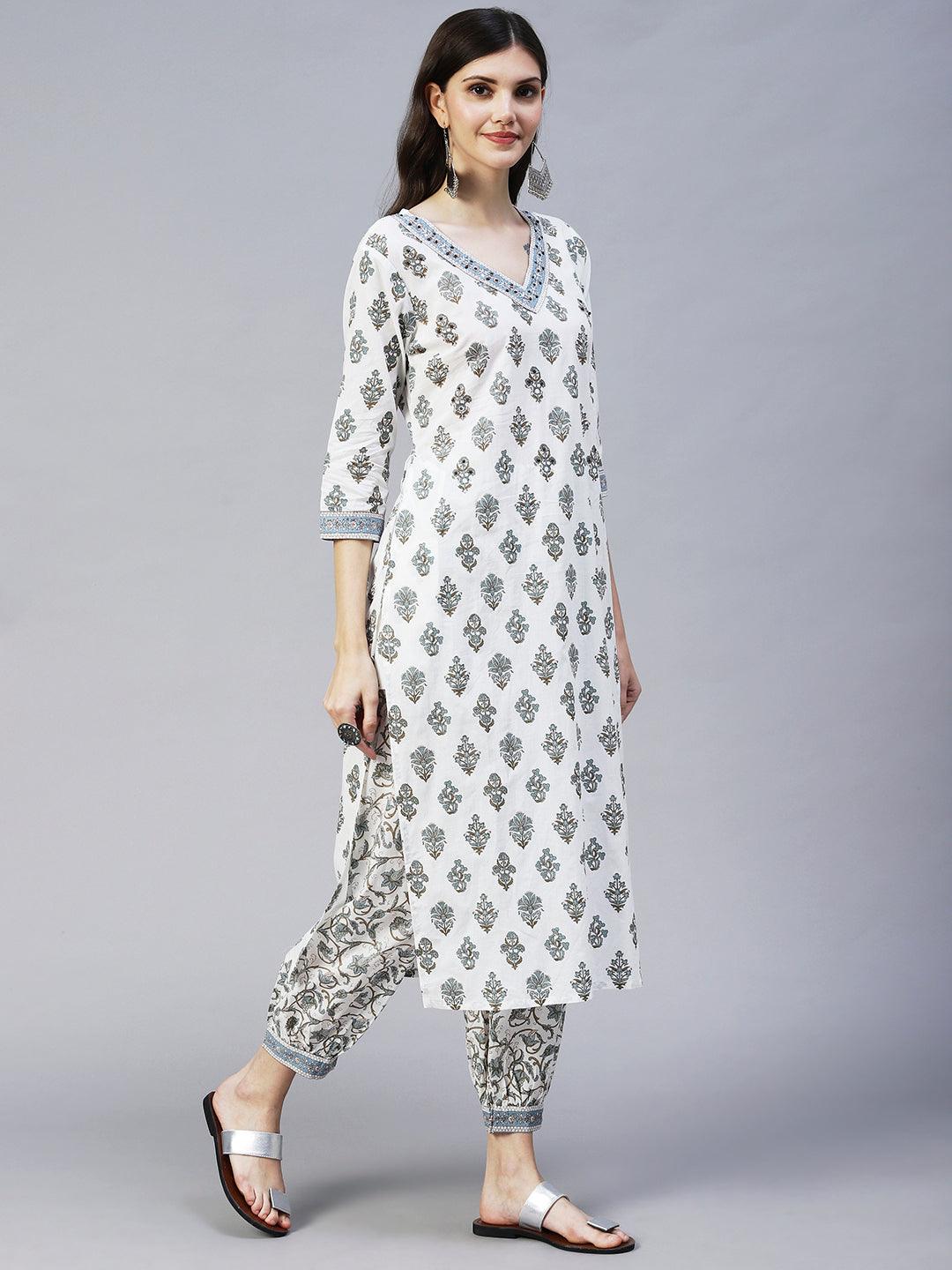 Ethnic Printed & Embroidered Straight Kurta with Pant - Off White - Indiakreations