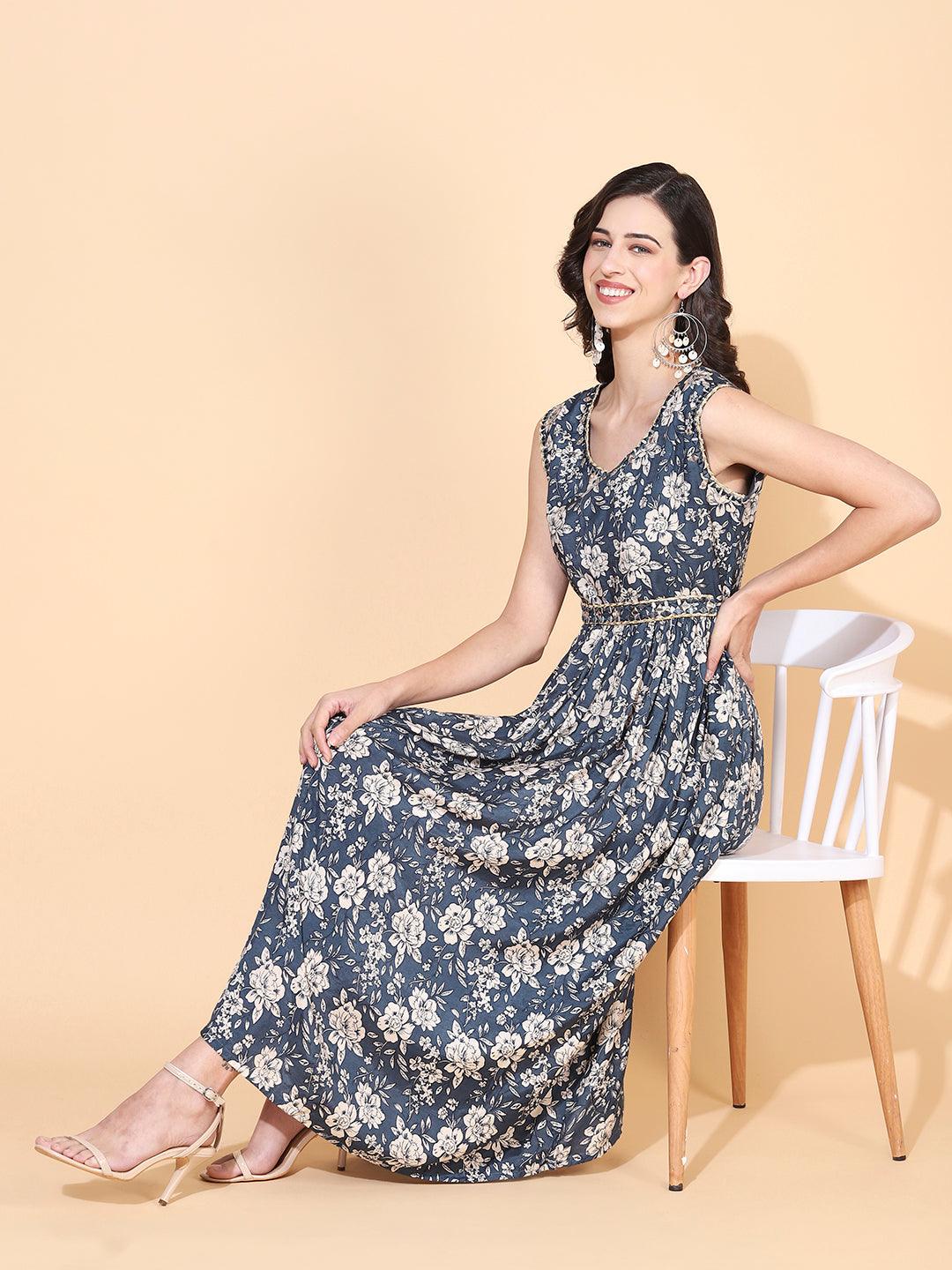 Floral Printed & Embroidered Flared Maxi Dress - Teal Blue - Indiakreations