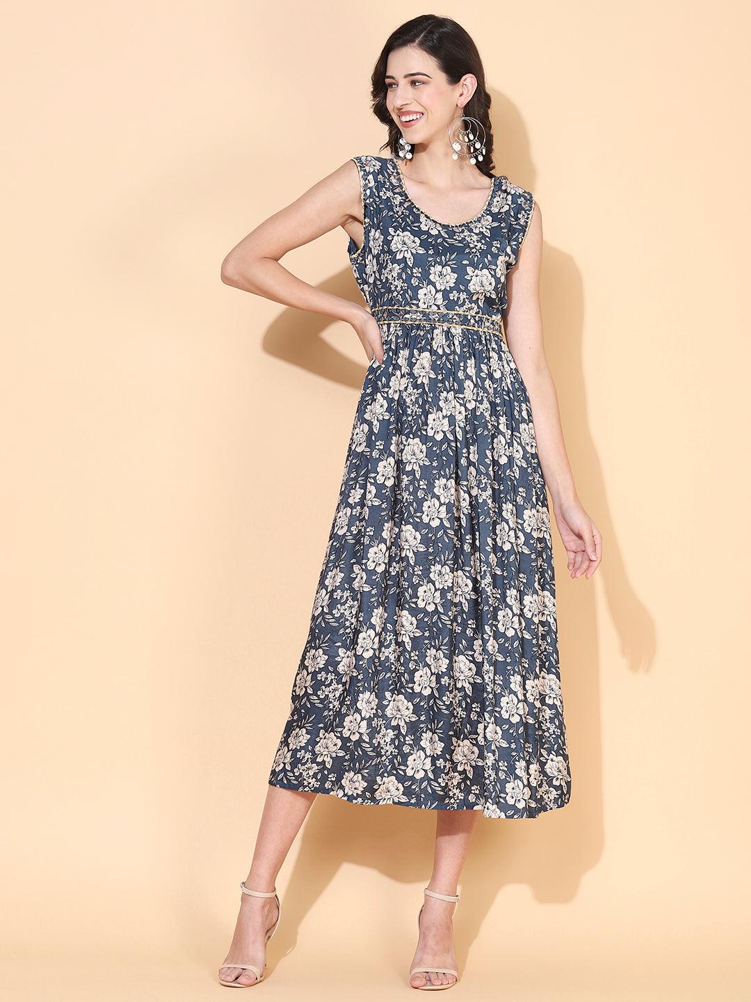 Floral Printed & Embroidered Flared Maxi Dress - Teal Blue - Indiakreations