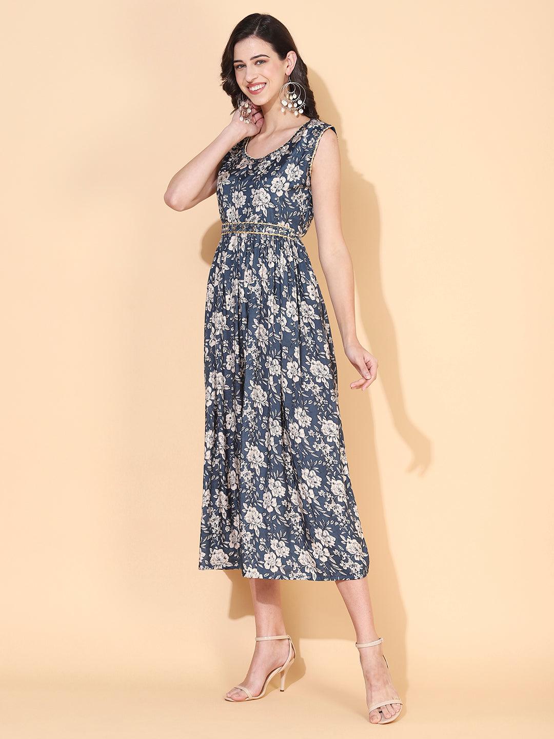 Floral Printed & Embroidered Flared Maxi Dress - Teal Blue - Indiakreations