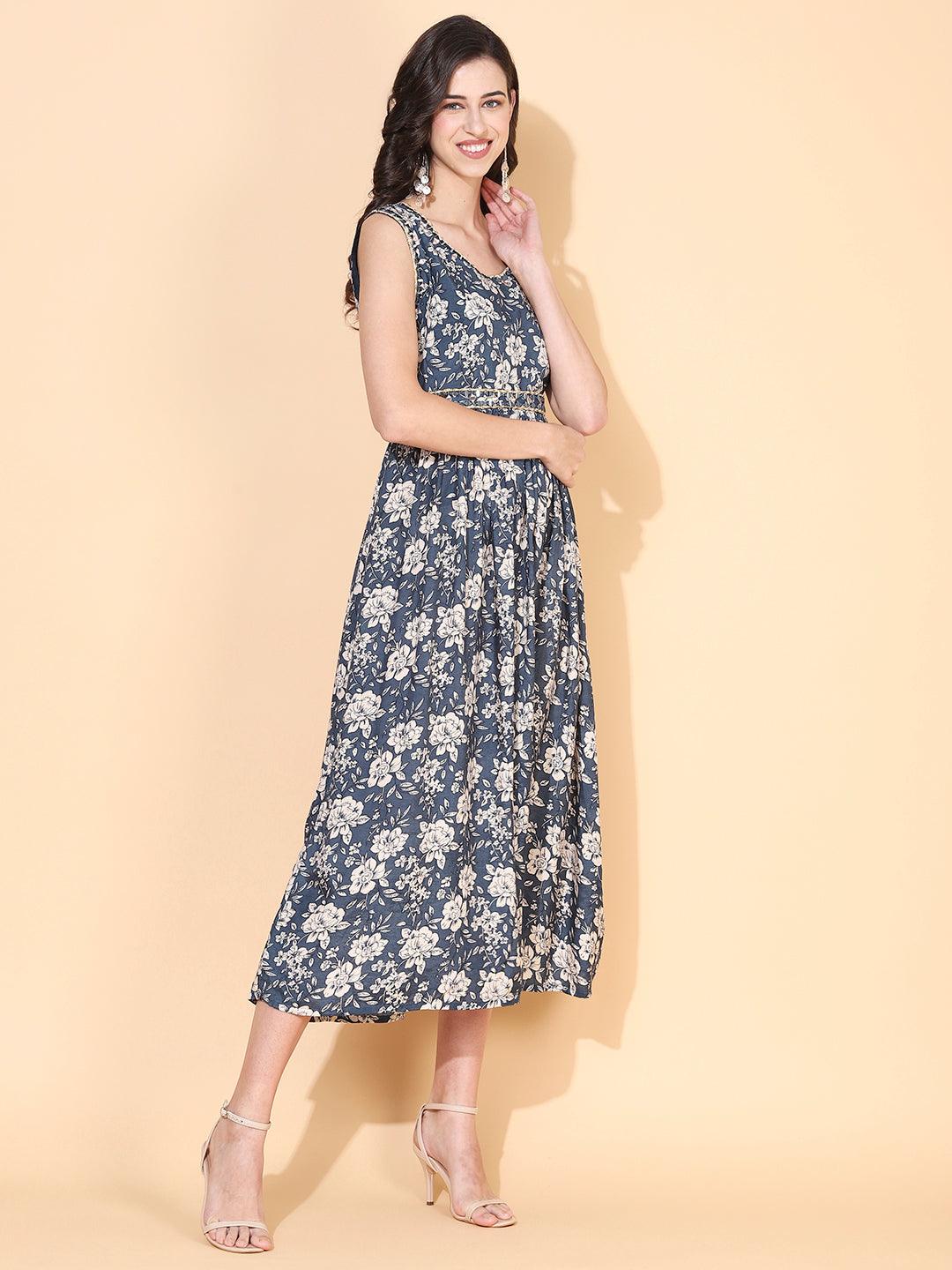 Floral Printed & Embroidered Flared Maxi Dress - Teal Blue - Indiakreations