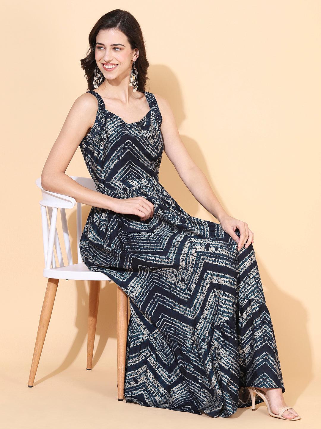 Tie-Dye Printed & Embroidered Tiered Flared Maxi Dress - Dark Blue - Indiakreations