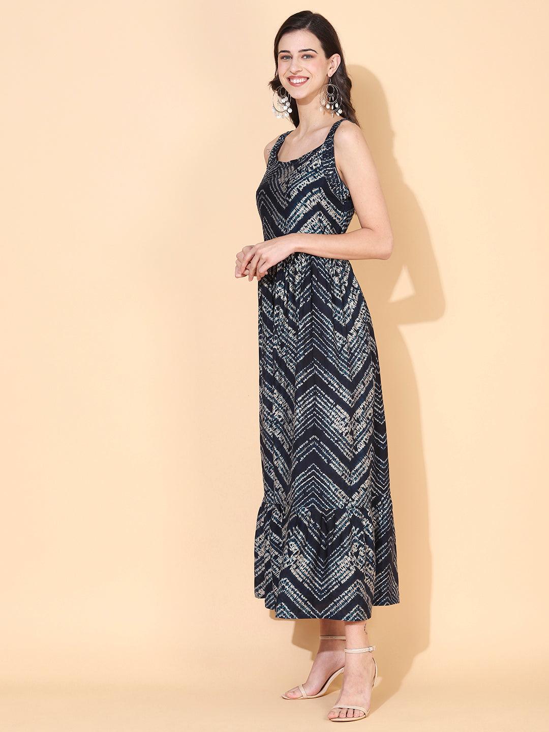 Tie-Dye Printed & Embroidered Tiered Flared Maxi Dress - Dark Blue - Indiakreations