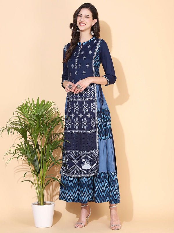 Ethnic Printed & Embroidered Tiered Flared Maxi Dress - Blue - Indiakreations