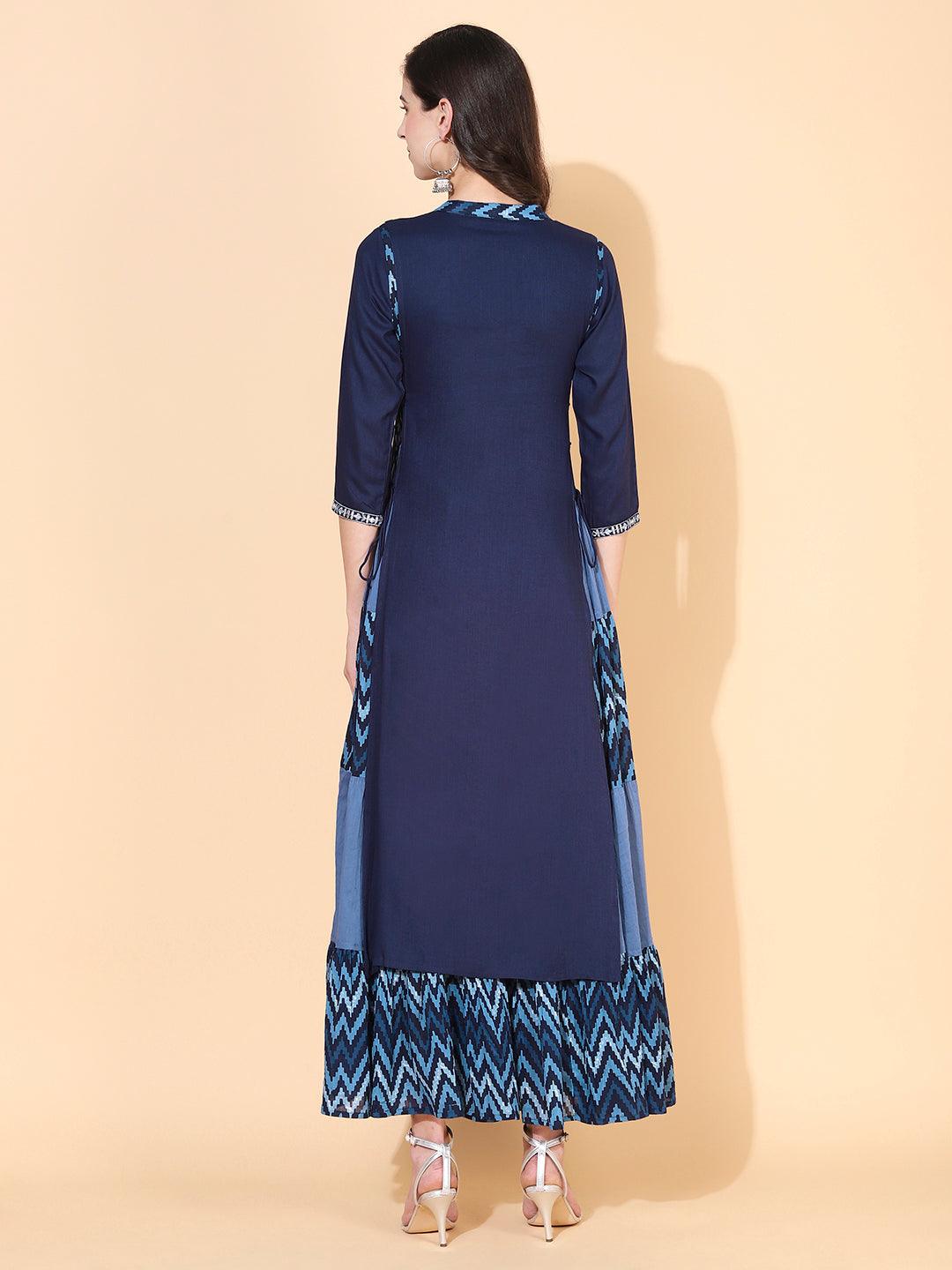 Ethnic Printed & Embroidered Tiered Flared Maxi Dress - Blue - Indiakreations