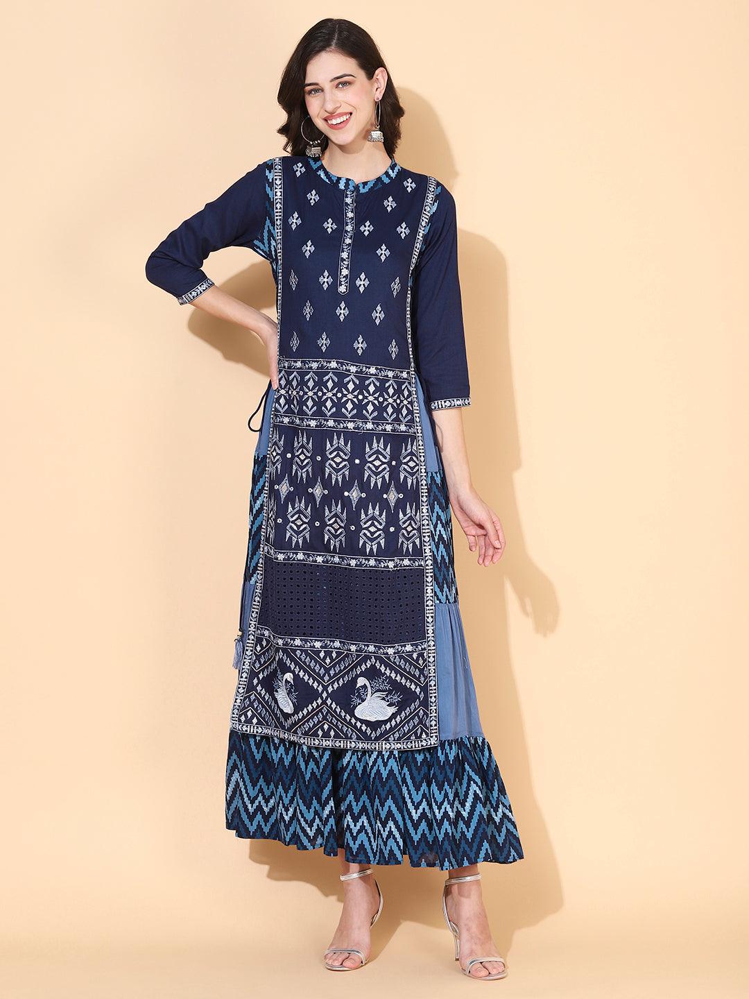 Ethnic Printed & Embroidered Tiered Flared Maxi Dress - Blue - Indiakreations