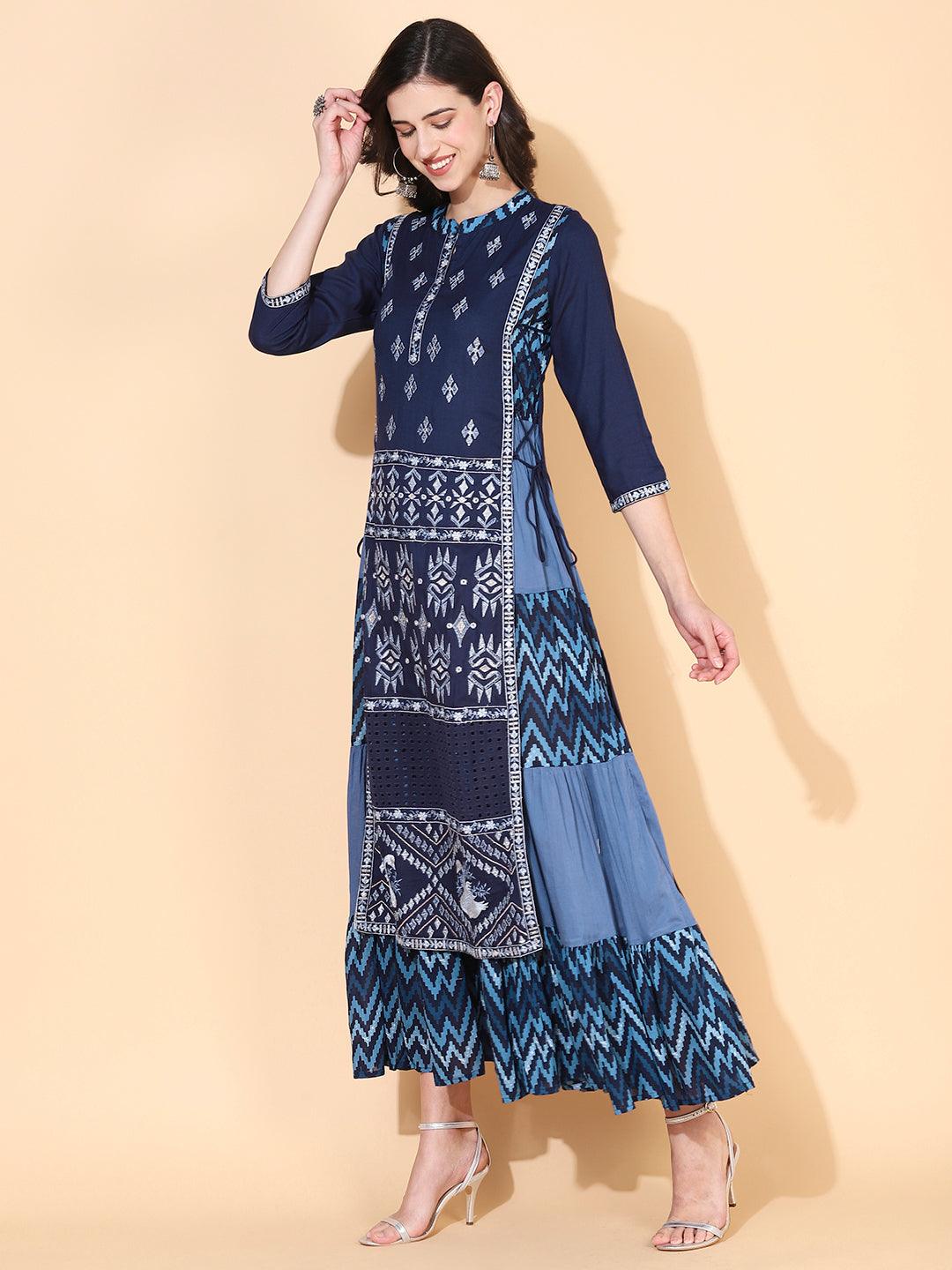 Ethnic Printed & Embroidered Tiered Flared Maxi Dress - Blue - Indiakreations