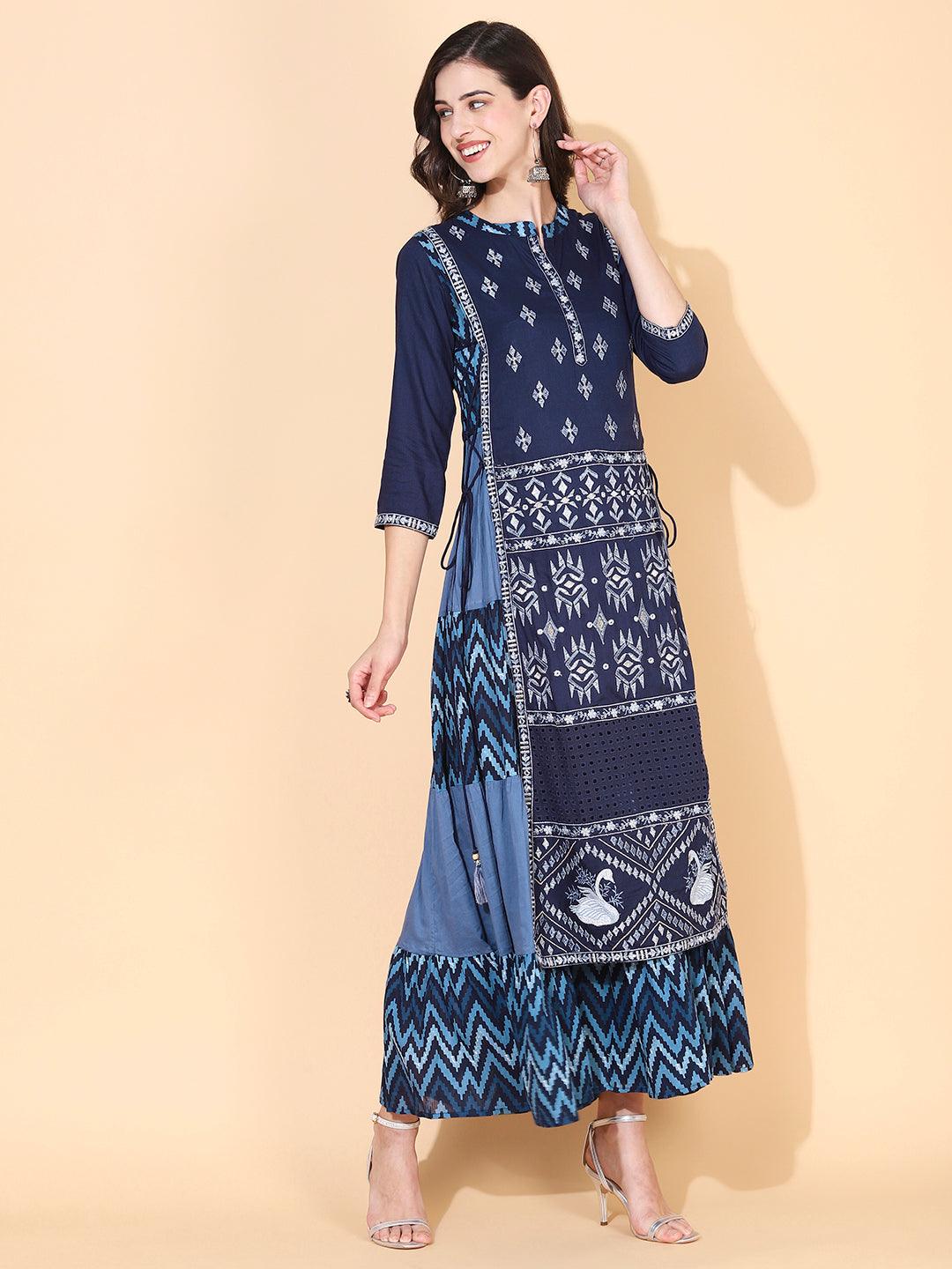 Ethnic Printed & Embroidered Tiered Flared Maxi Dress - Blue - Indiakreations