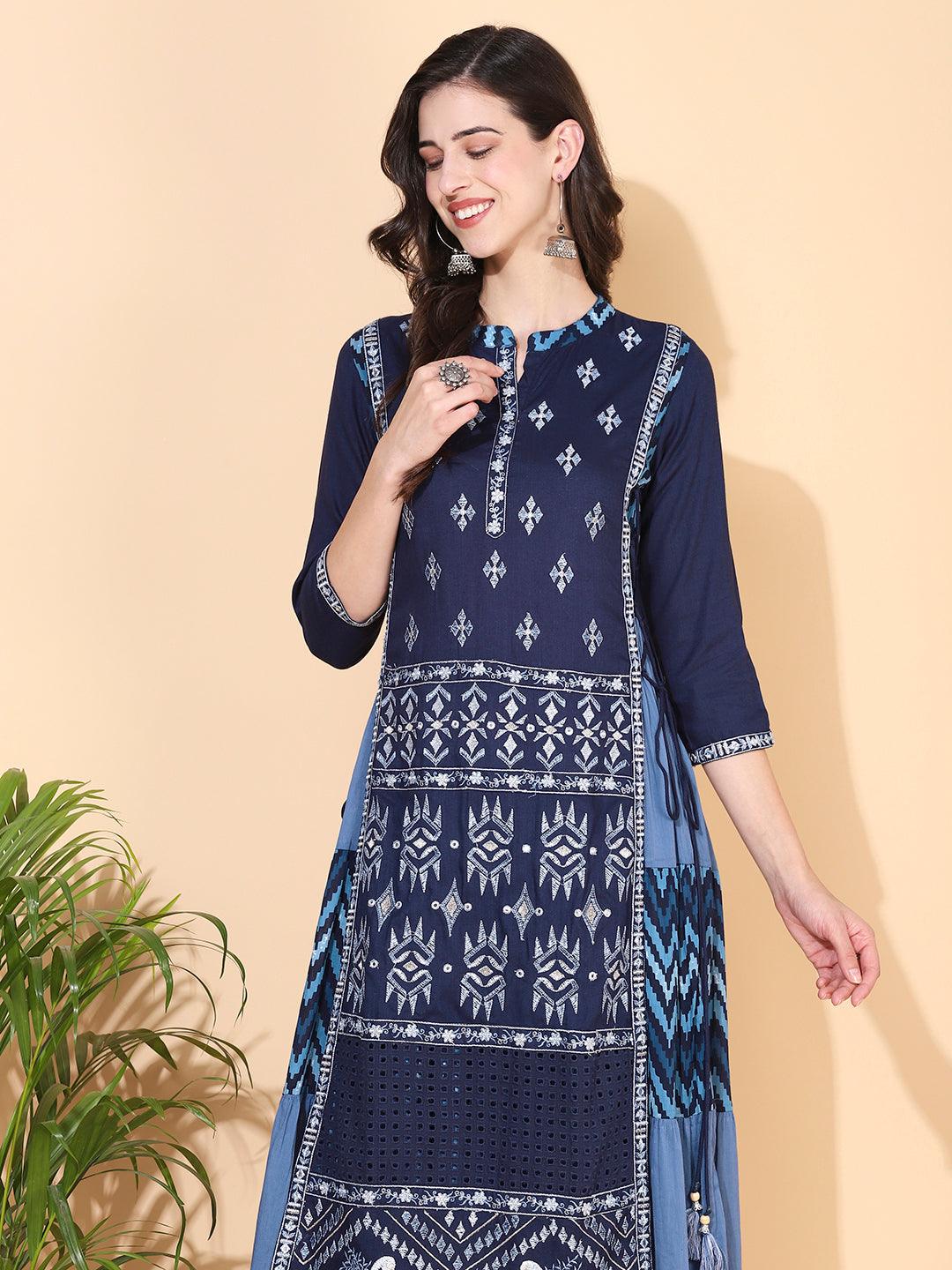 Ethnic Printed & Embroidered Tiered Flared Maxi Dress - Blue - Indiakreations