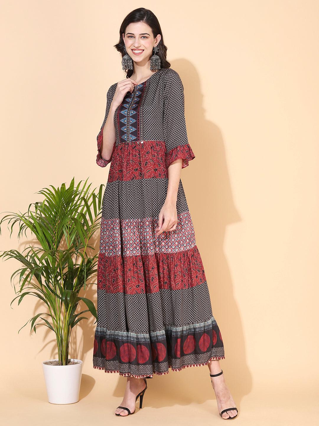 Ethnic Printed & Embroidered Tiered Flared Maxi Dress - Multi - Indiakreations