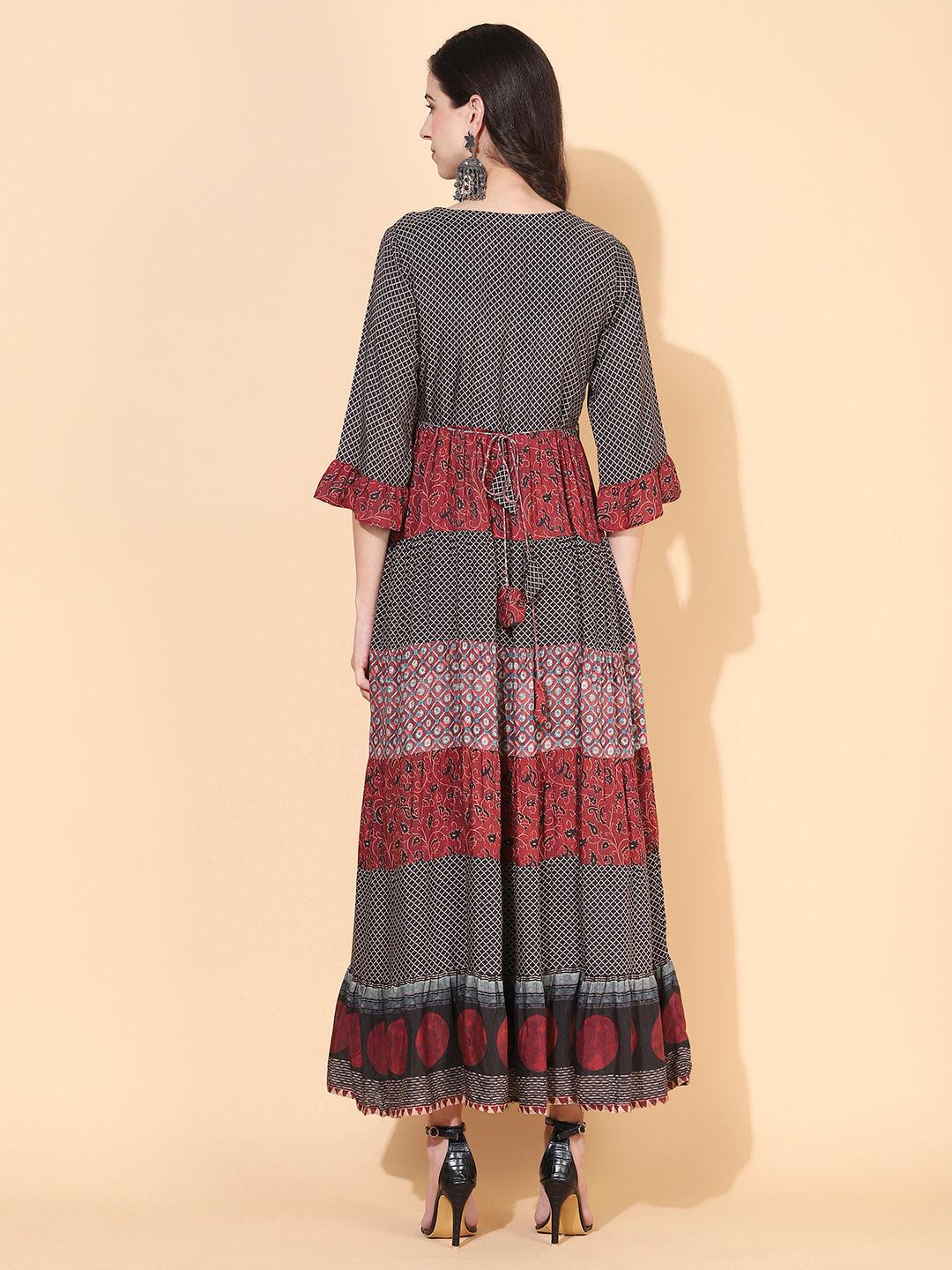 Ethnic Printed & Embroidered Tiered Flared Maxi Dress - Multi - Indiakreations