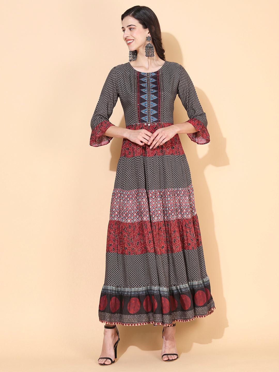 Ethnic Printed & Embroidered Tiered Flared Maxi Dress - Multi - Indiakreations