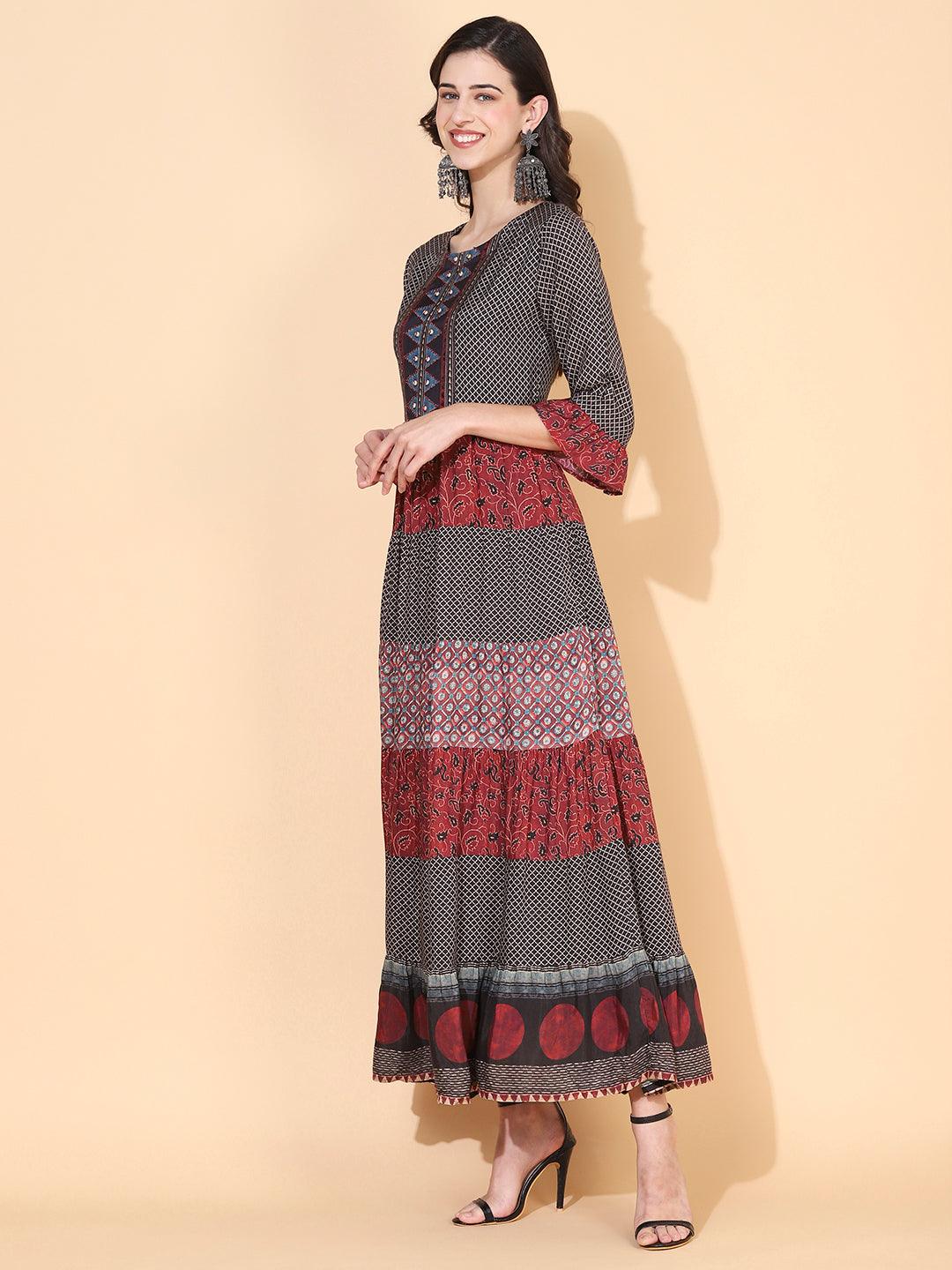 Ethnic Printed & Embroidered Tiered Flared Maxi Dress - Multi - Indiakreations