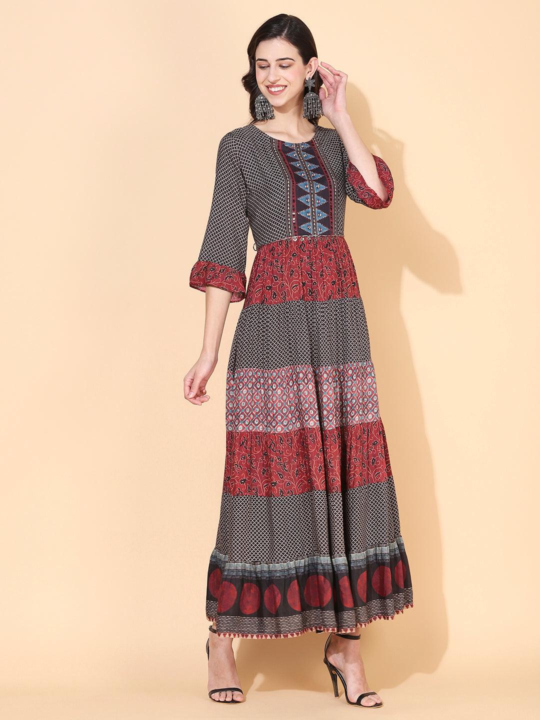 Ethnic Printed & Embroidered Tiered Flared Maxi Dress - Multi - Indiakreations