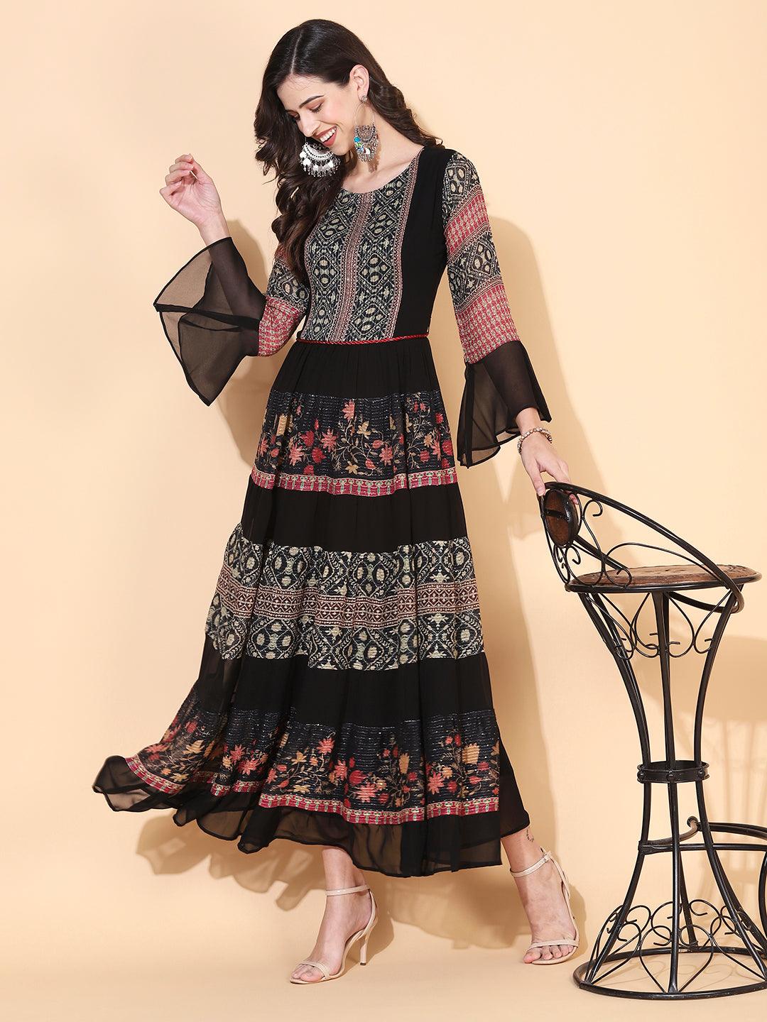 Ethnic Printed & Embroidered Tiered Flared Maxi Dress - Black - Indiakreations