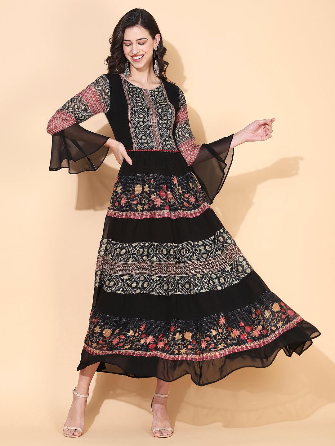 Ethnic Printed & Embroidered Tiered Flared Maxi Dress - Black - Indiakreations