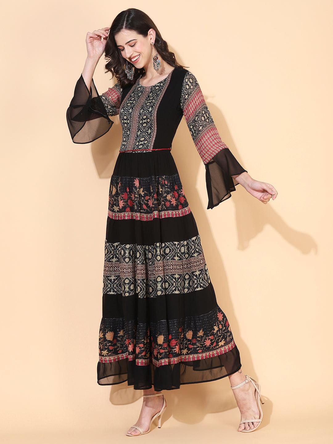 Ethnic Printed & Embroidered Tiered Flared Maxi Dress - Black - Indiakreations