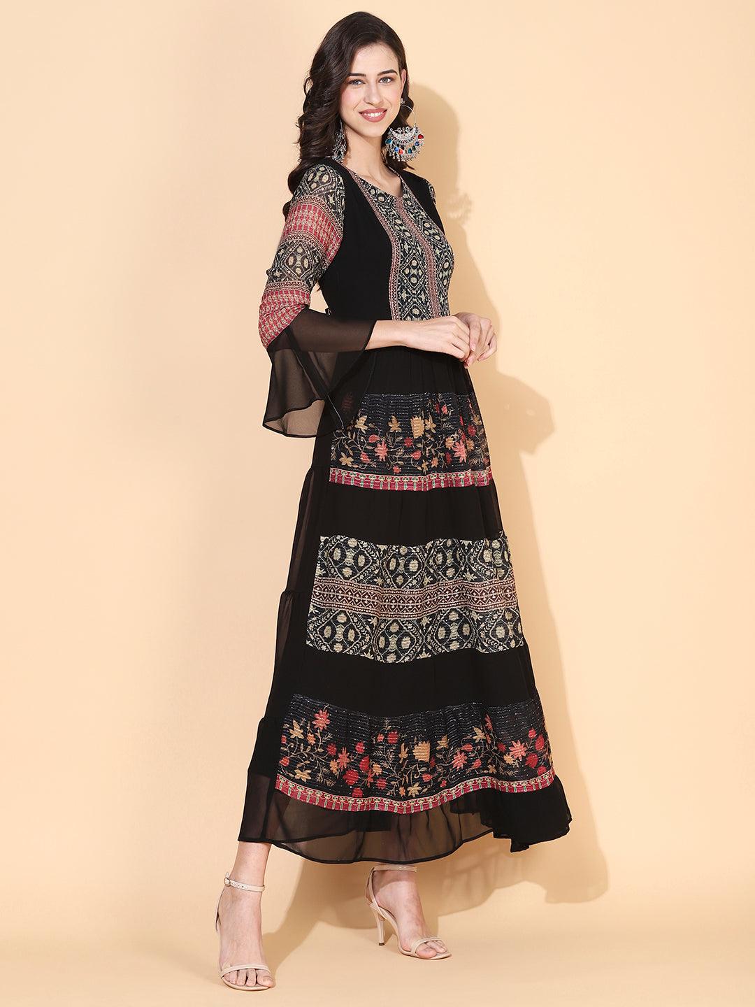 Ethnic Printed & Embroidered Tiered Flared Maxi Dress - Black - Indiakreations