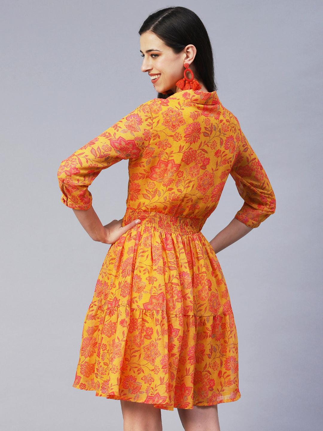 Floral Printed A-Line Midi Dress - Yellow - Indiakreations