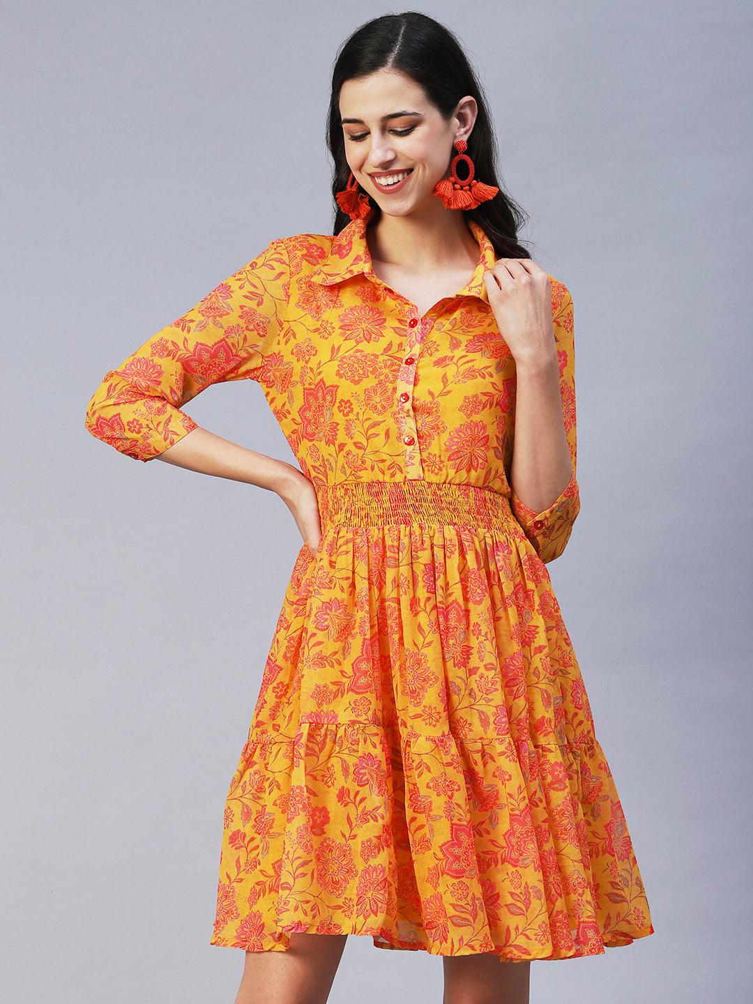 Floral Printed A-Line Midi Dress - Yellow - Indiakreations