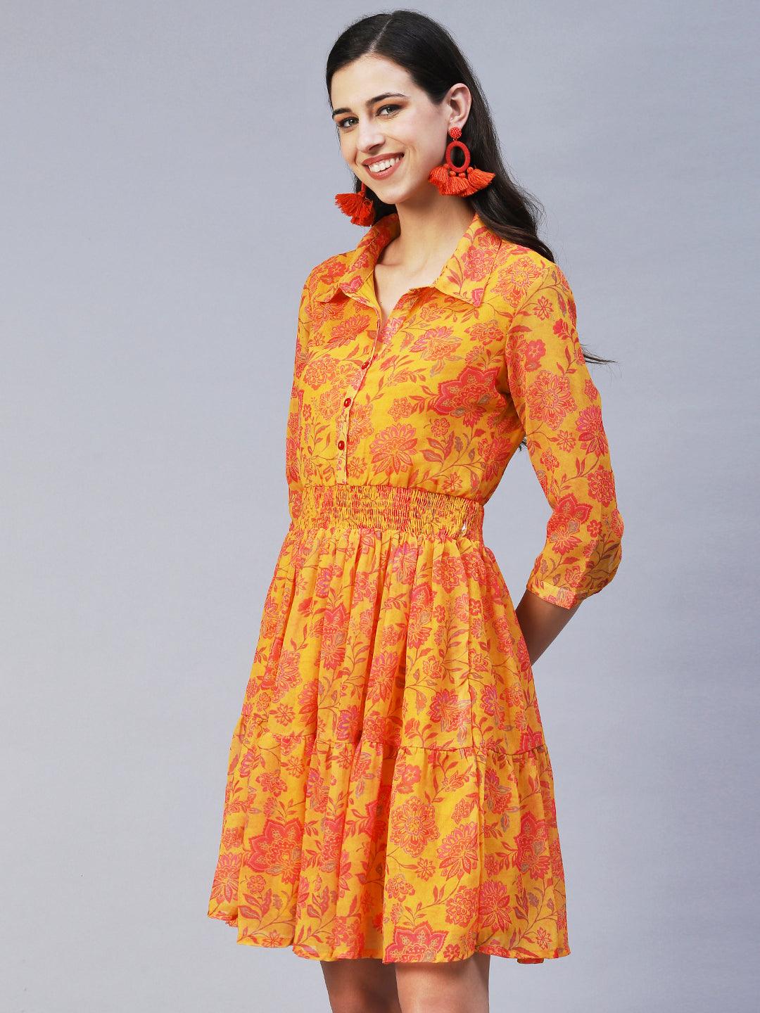 Floral Printed A-Line Midi Dress - Yellow - Indiakreations