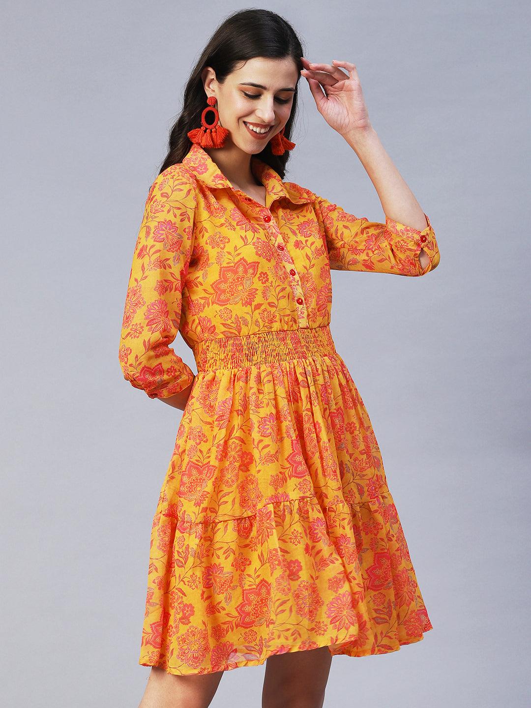 Floral Printed A-Line Midi Dress - Yellow - Indiakreations