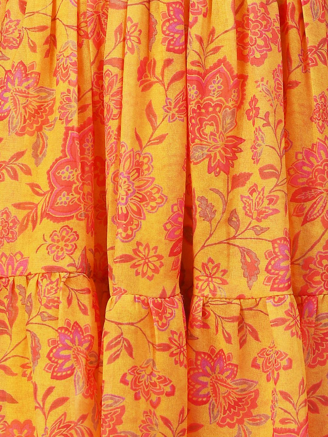 Floral Printed A-Line Midi Dress - Yellow - Indiakreations