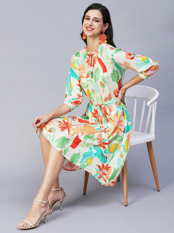 Tropical Printed A-line Flare Midi Dress - Multi - Indiakreations