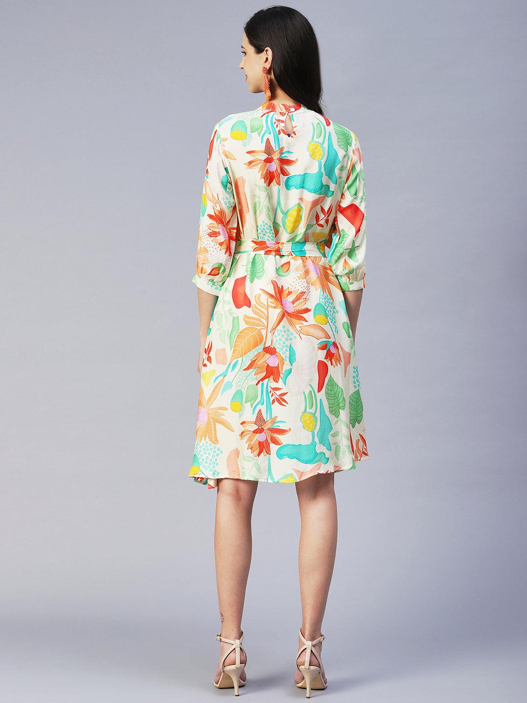 Tropical Printed A-line Flare Midi Dress - Multi - Indiakreations