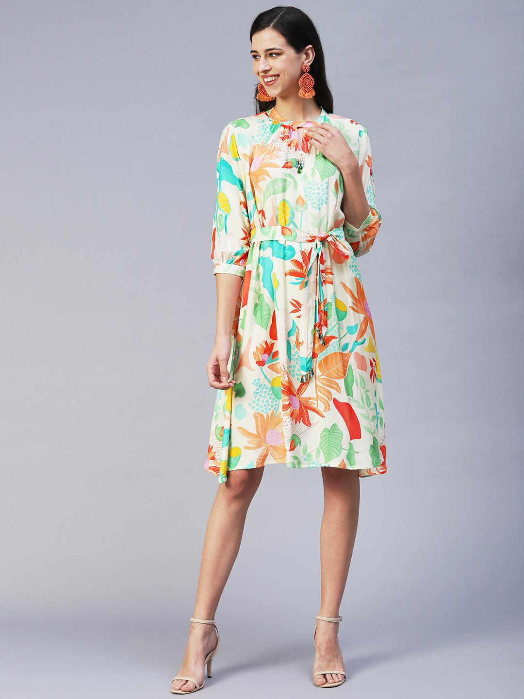 Tropical Printed A-line Flare Midi Dress - Multi - Indiakreations