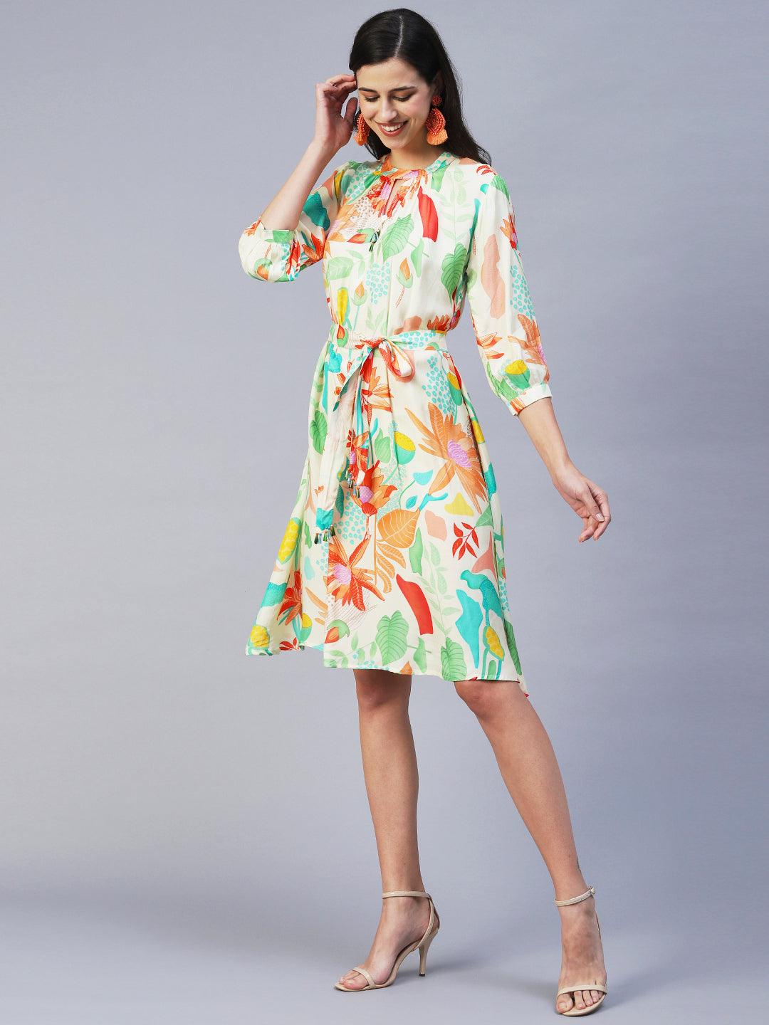 Tropical Printed A-line Flare Midi Dress - Multi - Indiakreations