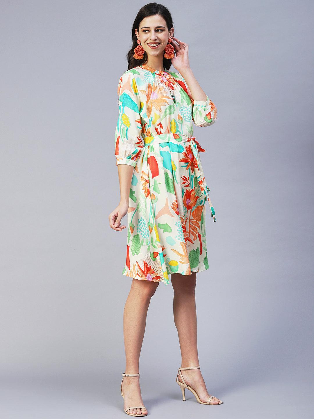 Tropical Printed A-line Flare Midi Dress - Multi - Indiakreations