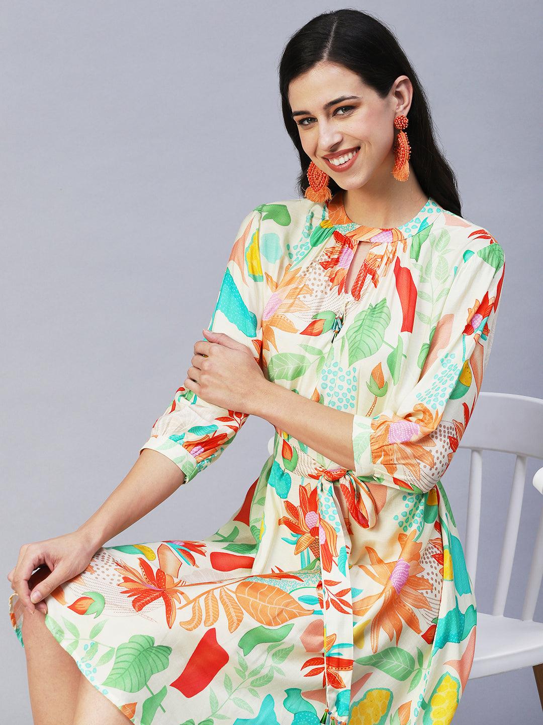 Tropical Printed A-line Flare Midi Dress - Multi - Indiakreations