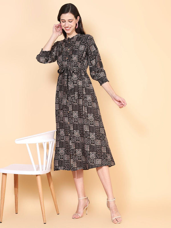 Ethnic Tribal Printed Fit & Flare Midi Dress - Black - Indiakreations