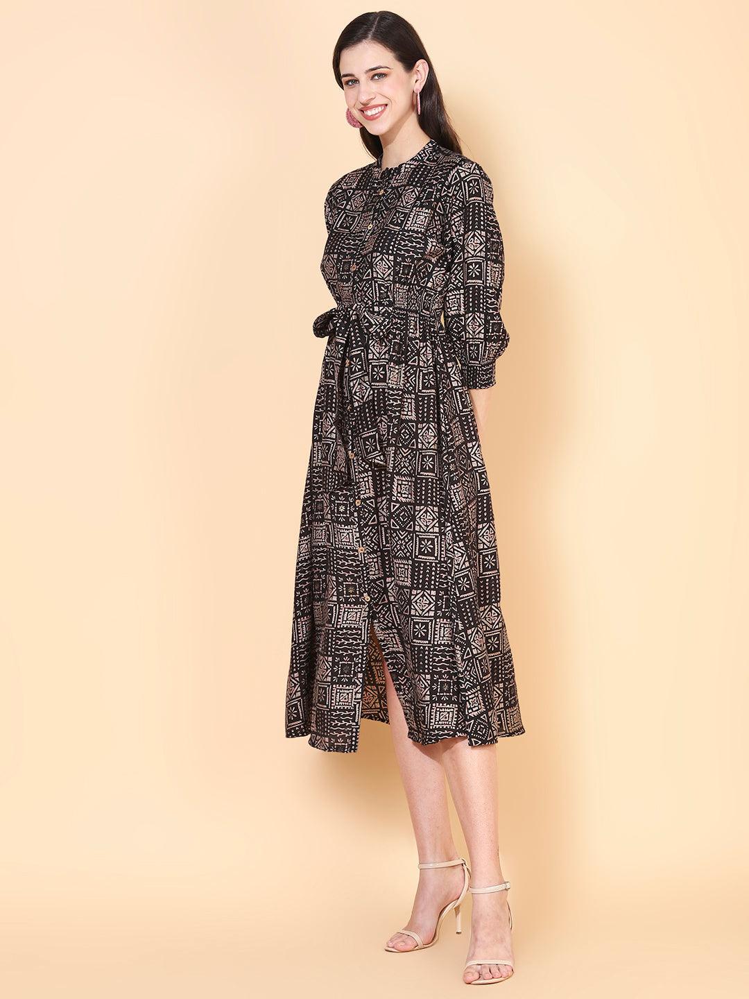 Ethnic Tribal Printed Fit & Flare Midi Dress - Black - Indiakreations